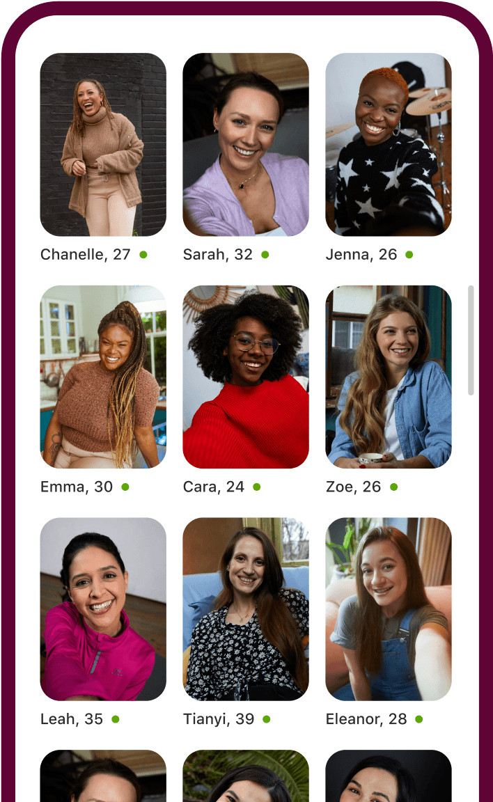 The Badoo app showing a grid of different women's profiles.